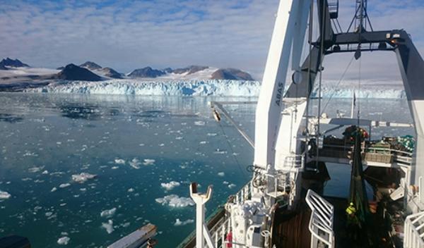 Lillehookbreen glacier can be seen from on board the research vessel Helmer Hanssen north-west of Spitsbergen, Svalbard
