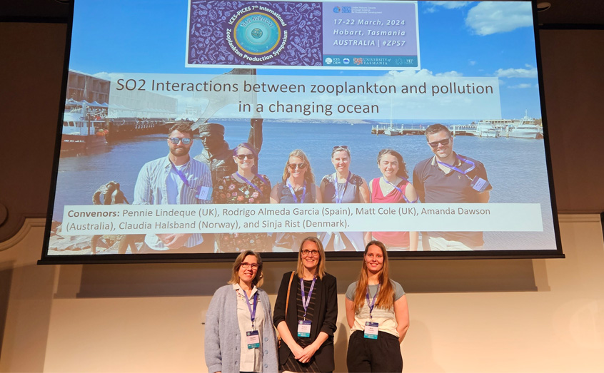 Undergraduate student Nele Thomsen (right) pictured at the conference in Hobart, Tasmania alongside supervisor Dr Helena Reinardy of SAMS (centre) and Dr Claudia Halsband from Akvaplan-niva in Tromsø, Norway.